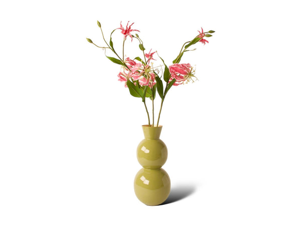 3 gloriosa kunstbloemen in de kleur pink op een groene metalen vaas - WinQ