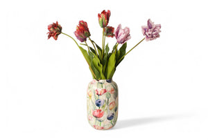 Kunsttulpen op een vaas met tulpenprint in blauw rood groen - WinQ