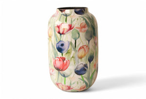 grote  vaas met tulpenprint in blauw rood groen 17x31cm - WinQ