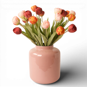 Boeket kunsttulpen in de kleuren rood, roze en warm oranje in een metalen vaas totaal 21 nep tulpen