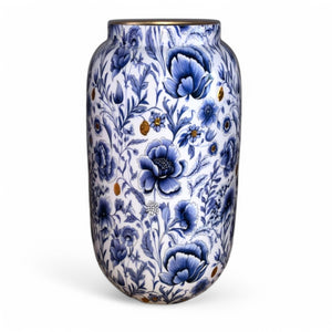 Metalen vaas met een delfts blauwe bloemenprint en goudkleur accenten  -WinQ