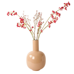 Liggende bolvormige vaas metaal beige met kunstbloemen rood 26x26x40cm -WinQ