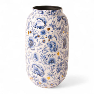 Delfts blauwe vaas met bloemen print en goud accenten 31cm hoog en 16cm diameter - WinQ