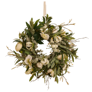 Kunstbloemen krans voor voordeur met groene bladeren en witte bloemen, decoratief voor interieur