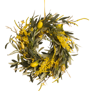 Voorjaarskrans diameter 35cm in geel met groen met de basis van olijf - WinQ