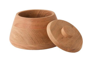 Produktfoto van een houten voorraadpot van acaciahout met een diameter van 15 cm en hoogte 11cm met losse deksel