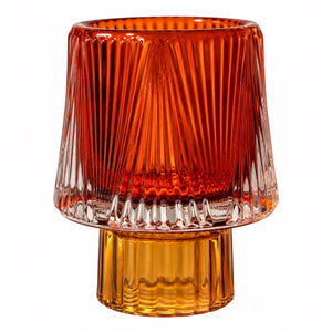 Waxinelichthouder glas oranje en amber 8x10,5 cm op decoratieve glazen voet - WinQ
