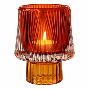 Waxinelichthouder glas 2 kleuren oranje met amber 8x10,5 cm op decoratieve glazen voet met brandende waxine - WinQ