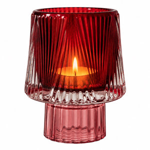 Waxinelichthouder glas 2 kleuren rood 8x10,5 cm op decoratieve glazen voet met waxine - WinQ