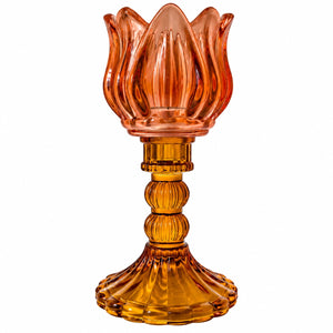 Hoge glazen waxinelichthouder op voet oranje en amber voet 7x20,5 cm - WinQ