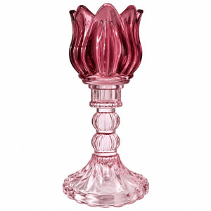 Hoge glazen waxinelichthouder op voet bordeaux en pink voet 7x20,5 cm - WinQ