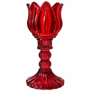 Hoge glazen waxinelichthouder op voet rood en donkerrode voet 7x20,5 cm - WinQ