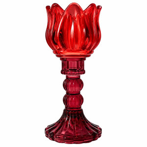 Hoge glazen waxinelichthouder op voet rood en donkerrode voet 7x20,5 cm - WinQ