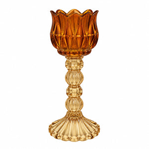 Hoge glazen waxinelichthouder op voet amber en gele voetl 7x20,5 cm - WinQ
