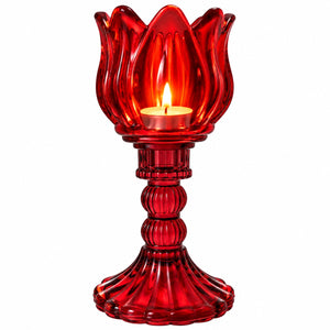 Hoge glazen waxinelichthouder op voet rood met donkerrode voet 7x20,5 cm met brandende waxine - WinQ
