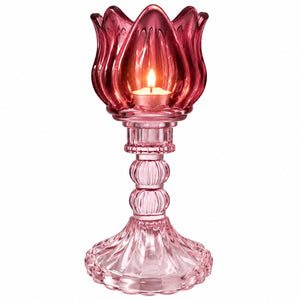 Hoge glazen waxinelichthouder op voet oranje met amber voet 7x20,5 cm met brandende waxine - WinQ
