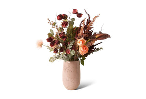 Arrangement van gebonden zijden bloemen in bordeaux en oud roze -WinQ