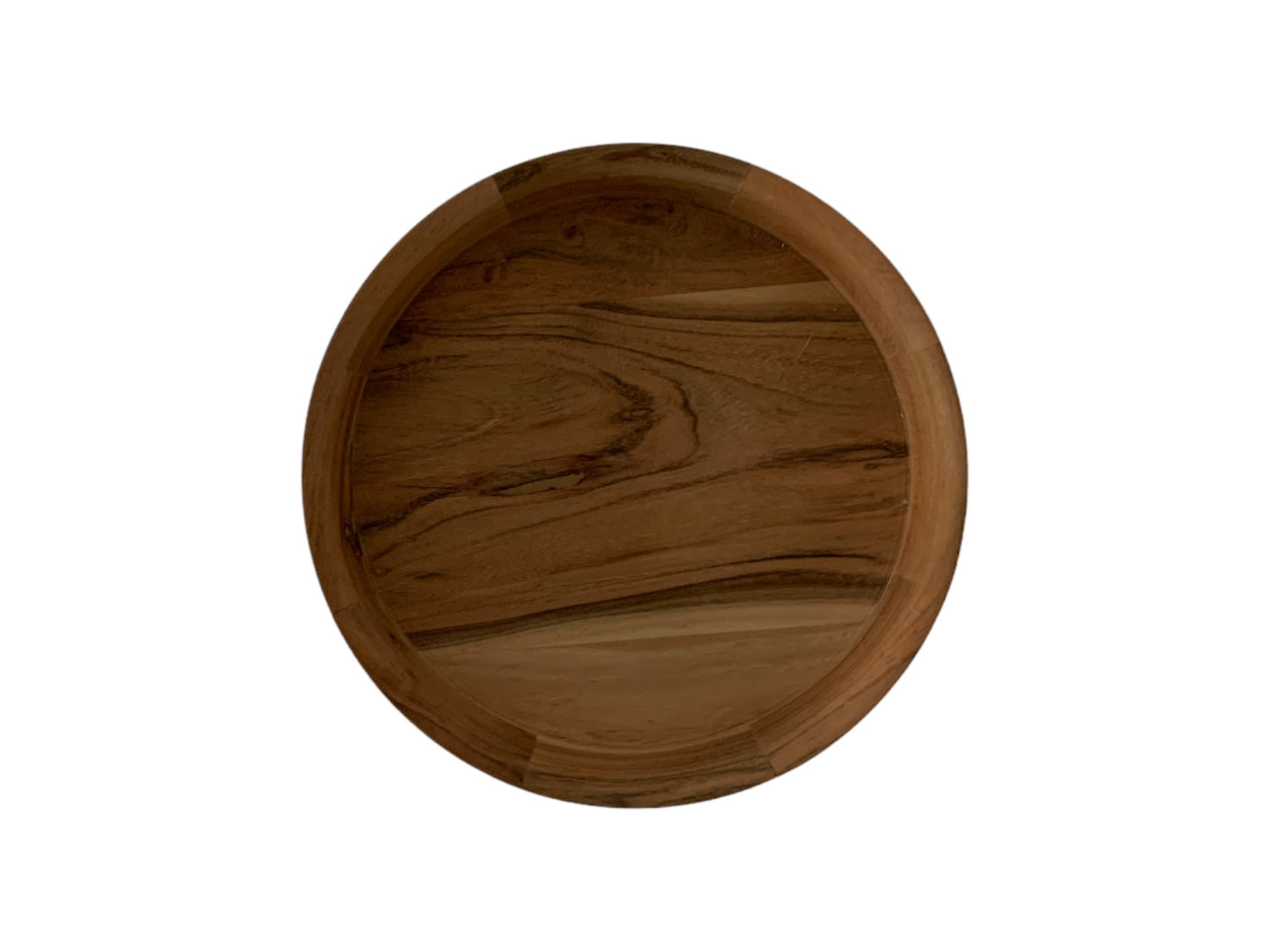 schaal acaciahout diameter 35cm met een brede opstaande rand van 6cm in naturel hout kleur van boven gefotografeerd