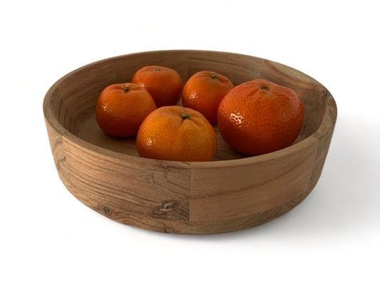 Kom van acaciahout , diameter 25cm en een rand van 6cm gevuld met fruit