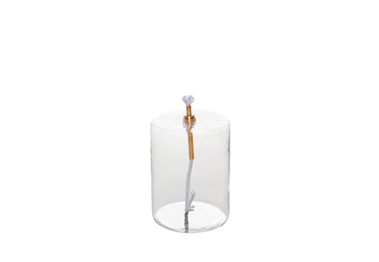 productfoto olielamp van helder glas in cilinder vorm diameter 7cm en hoogte 10cm