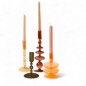 Set Glazen kandelaren in Oranje met Goud, Oker en Maroon