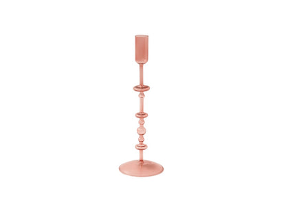 productfoto van een sierlijke kandelaar van doorzichtig glas in de kleur roze 