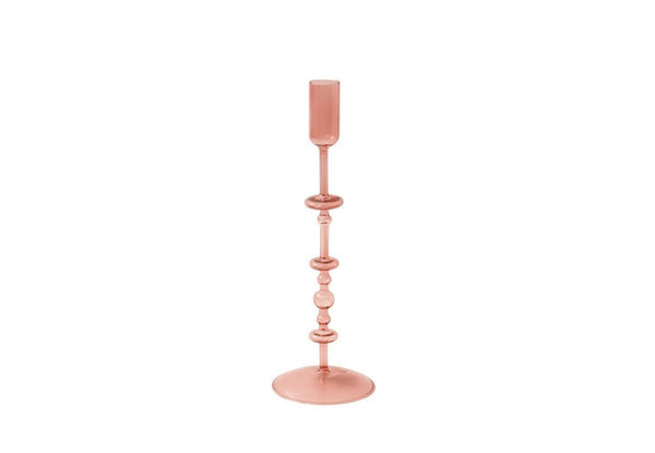 productfoto van een sierlijke kandelaar van doorzichtig glas in de kleur roze 