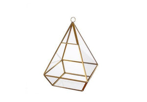 productfoto glazen piramide terrarium hoogte 21cm met gouden frame en gevuld met plantjes