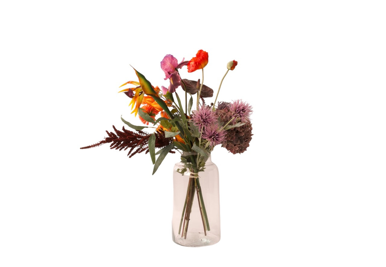 Gebonden Veldboeket zijden bloemen in een rood/paars/oranje combinatie