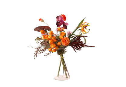 Gebonden Veldboeket zijden bloemen in een rood/paars/oranje combinatie