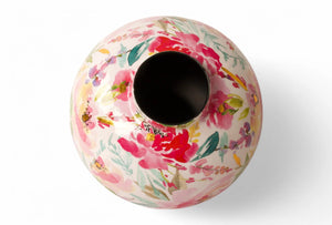 Bovenzijde van metalen bolvormige vaas met bloemprint in multicolor met een diameter van 25cm - WinQ