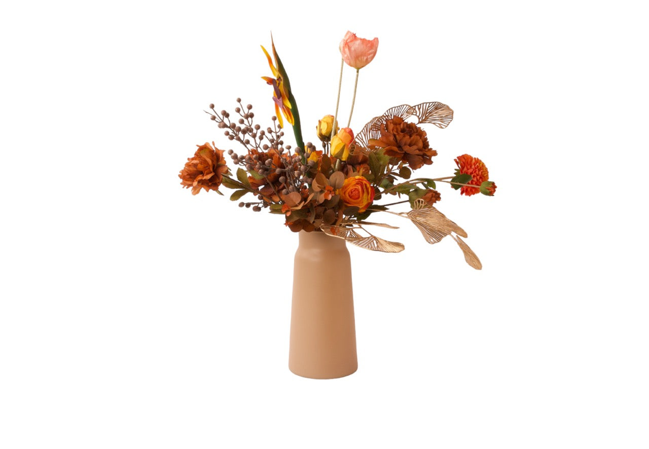 produktfoto vanGebonden VeldBoeket kunstbloemen in Herfstkleuren compleet met vaas