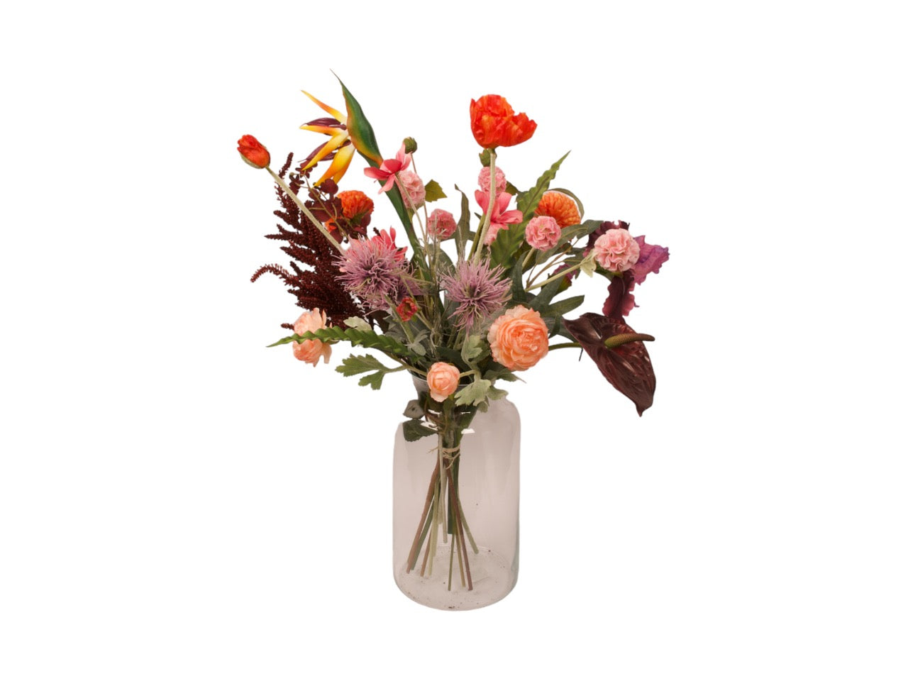 Boeket kunstbloemen op vaas in diverse rood/paars/oranje kleuren met groene accenten. veldboeket heeft een hoogte van 70cm