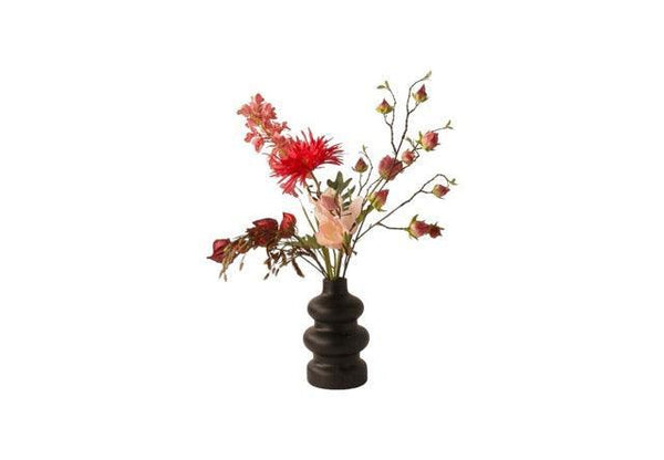 Boeket voorjaar kunstbloemen in rood/ roze combinatie met onder andere magnolia, tulpen en cymbidium 