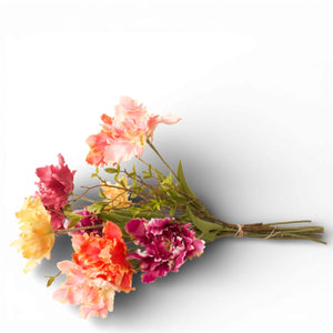 Colorful artificial flower bouquet with green stems on white background, WinQ kunstbloemen