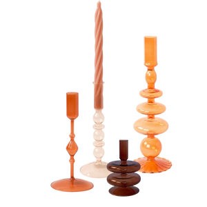 set van 4 verschillende modellen glaskandelaren in diverse oranje roze en maroon tinten - WinQ
