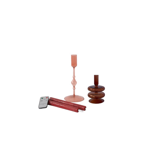 Set glaskandelaren in rood roze met ledkaarsen - WinQ