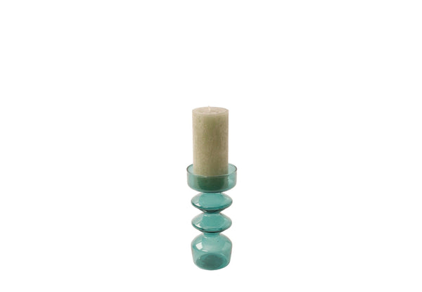 productfoto glaskandelaar zeegroen 25cm hoog en diameter 7cm . met een rustieke kaars 5,5cm in de kleur stone