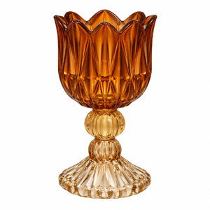 Glazen waxinelichthouder op voet amber en gele voet 7x14 cm

