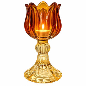 Glazen waxinelichthouder op voet amber en gele voet met brandend waxine 7x14 cm - WinQ
