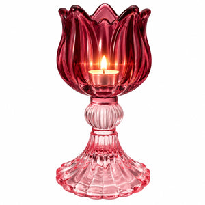 Glazen waxinelichthouder op voet bordeaux en pink voet met brandend waxine 7x14 cm - WinQ