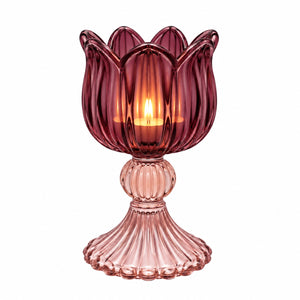 Glazen waxinelichthouder op voet bordeaux en pink voet met brandend waxine 7x14 cm - WinQ