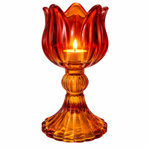 Glazen waxinelichthouder op voet oranje  en amber voet met brandend waxine 7x14 cm - WinQ