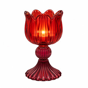 Glazen waxinelichthouder op voet rood en donkerrode voet met brandend waxine 7x14 cm - WinQ