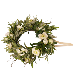 Kunstbloemen krans met groene bladeren en witte bloemen voor interieurdecoratie en lint - WinQ