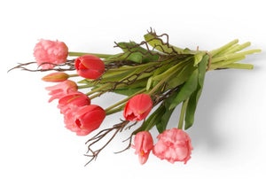 Liggend gefotografeerd boeket van tulpen en berkentakken inrol fuchsia arrangement - WinQ