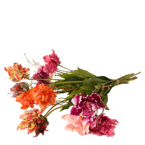 Liggend gebonden boeket met pioen en parrot tulpen in roze en rood tinten  - WinQ