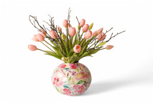 Metalen bolvormige vaas met bloemprint in multicolo met een diameter van 25cm en een boeket kunstbloemen - WinQ