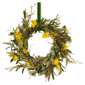 gele kunstkrans van eucalyptus en gele bloemen en mimosa hangend aan koord - WinQ