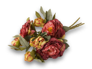 Losse foto van een liggende takken bordeaux van een kunst pioenroos met 3 bloemen en groen blad - WinQ